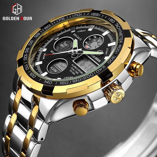 Men's Luxury SS Black Round Dial Quartz Waterproof Wristwatch - Free Shipping