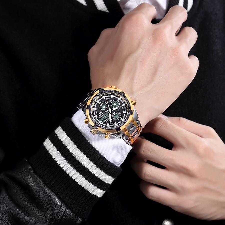 Men's Luxury SS Black Round Dial Quartz Waterproof Wristwatch - Free Shipping