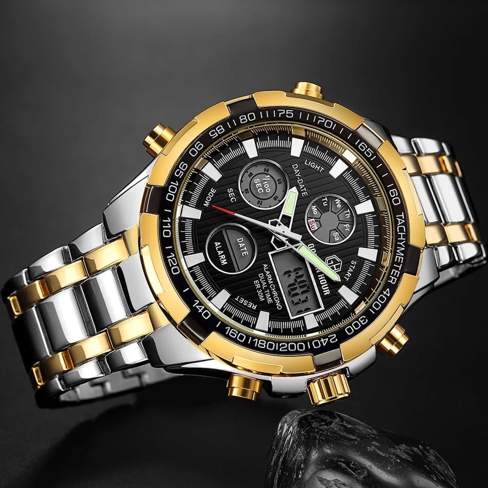Men's Luxury SS Black Round Dial Quartz Waterproof Wristwatch - Free Shipping